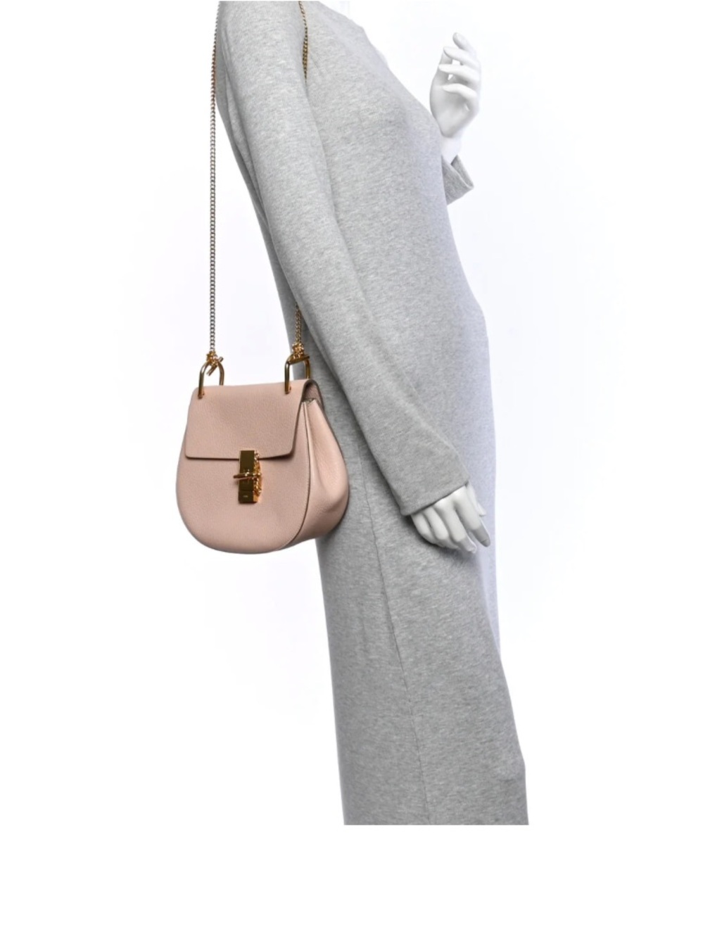 CHLOE Grained Lambskin Mini Drew Shoulder Bag Cement Pink - Picture 3 of 8